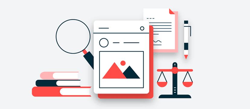 Minimalist illustration of legal documents, magnifying glass, and justice scales in black, white and coral red colors