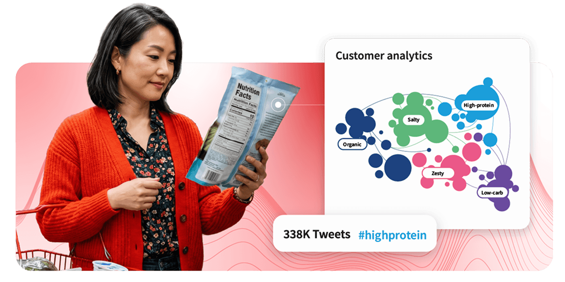 Woman in red cardigan reading food nutrition label beside a customer analytics bubble chart showing food preference trends.