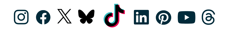 Row of social media icons: Instagram, Facebook, TikTok, Threads, LinkedIn, Pinterest, YouTube, Bluesky
